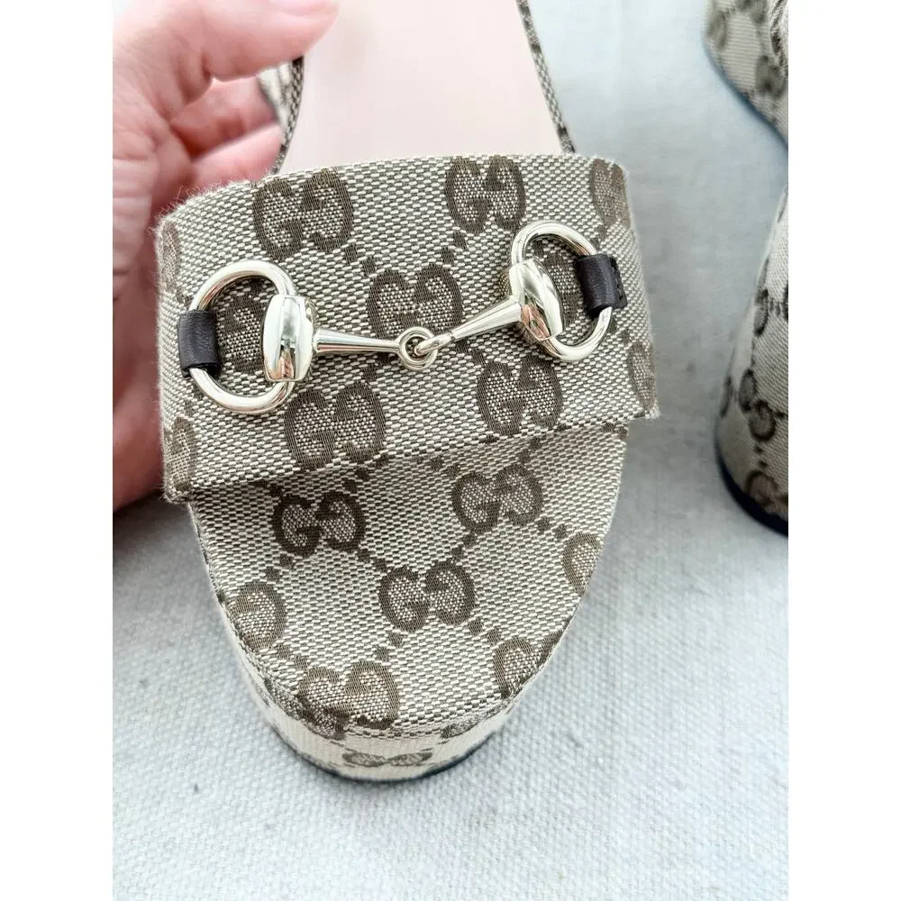 Gucci Monogram Nappa Chalotte Horsebit Ankle Strap Platform Sandals Beige 37.5